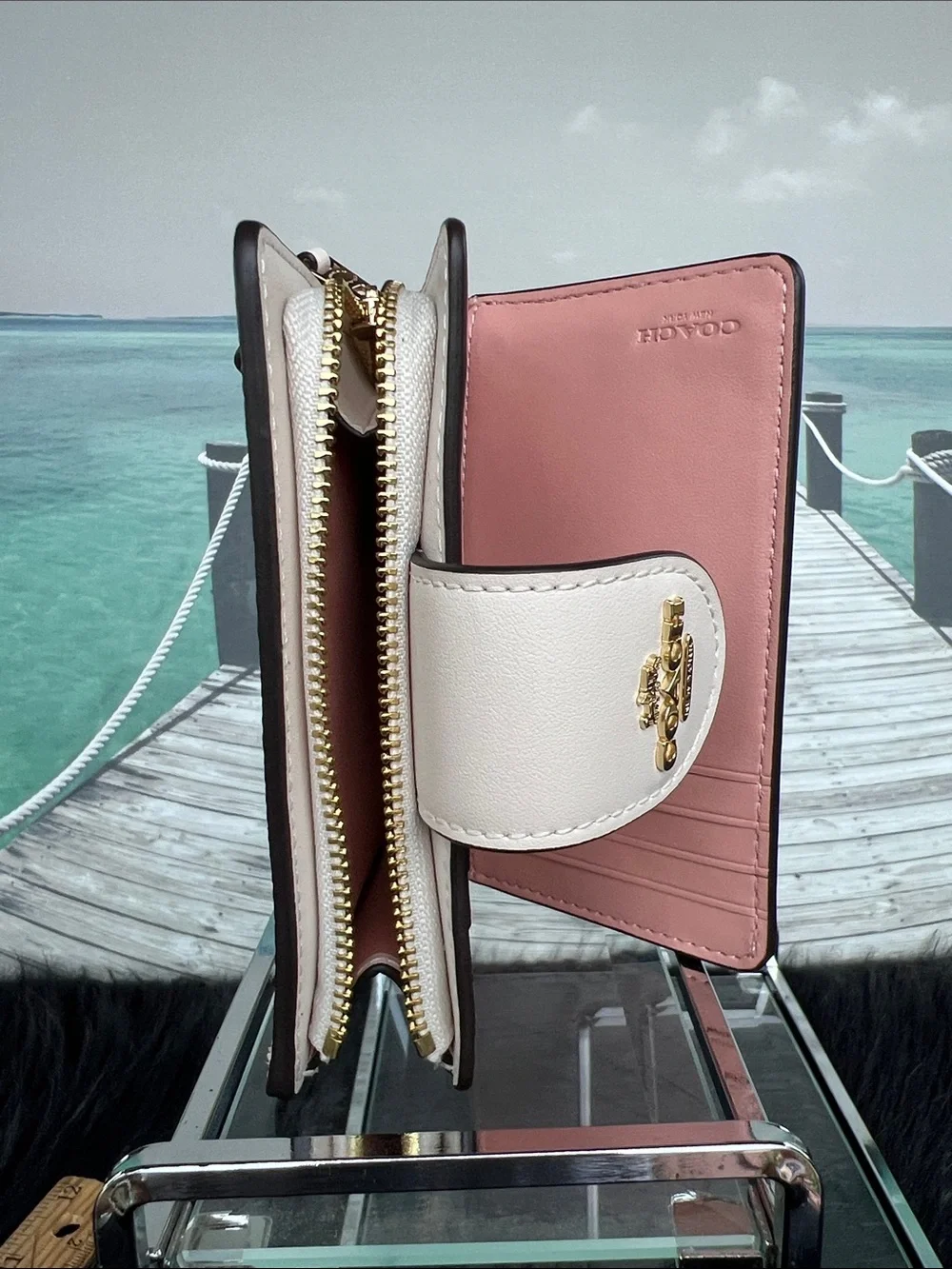 Coach Beige Pink Floral Small Wallet with White Snap